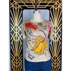 vintage t shirt, 1970s top, pleated sleeves, graphic tee, bright floral, mod